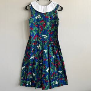 Vintage Just Ducky White Collar Fit Flare Dress Blue Cherry Print Sleeveless 14